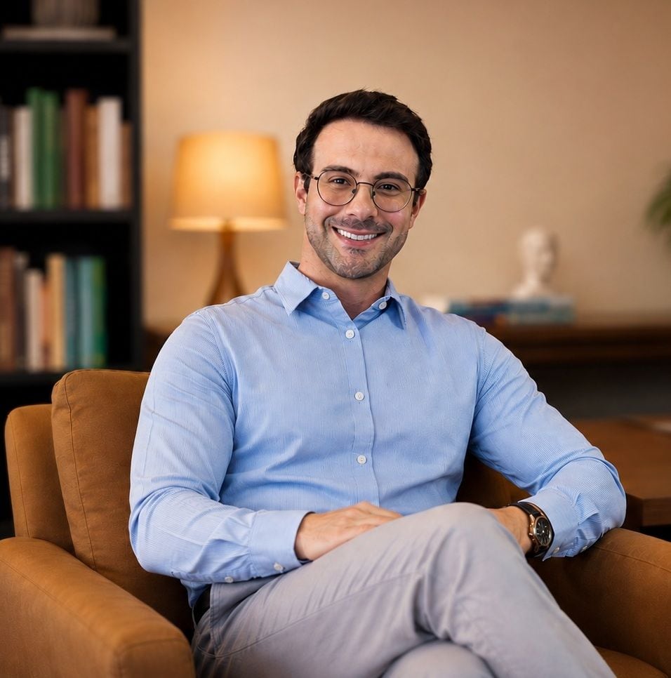 Anderson Toledo sentado numa poltrona do consultório, com estante de livros e abajur ao fundo