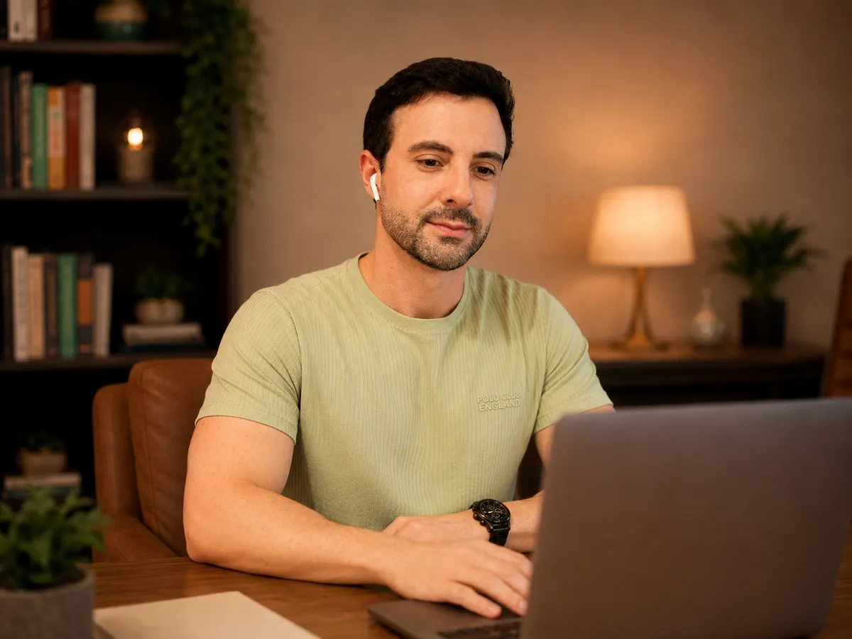 Anderson Toledo em atendimento online, diante do notebook, no consultório